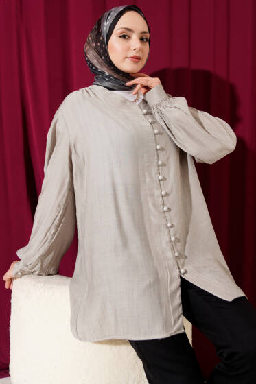 Brit Düğmeli V Yaka Gömlek Gri - Gömlek