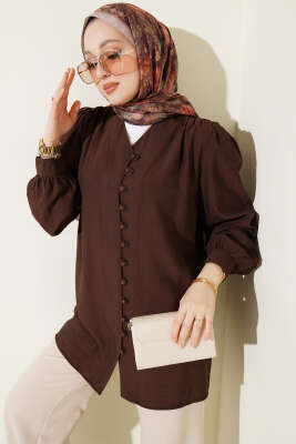 Brit Düğmeli V Yaka Gömlek Kahve 