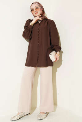 Brit Düğmeli V Yaka Gömlek Kahve - Gömlek