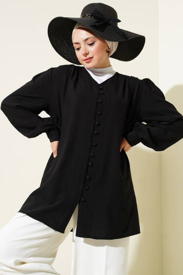 Brit Düğmeli V Yaka Gömlek Siyah - Gömlek