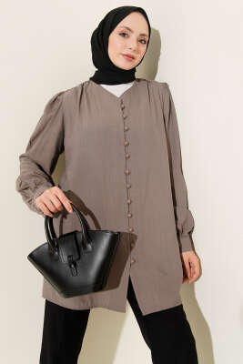 Brit Düğmeli V Yaka Gömlek Vizon - BERAT TEKSTİL