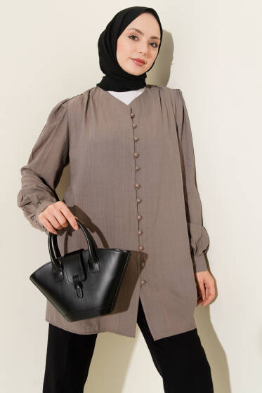 Brit Düğmeli V Yaka Gömlek Vizon - Gömlek