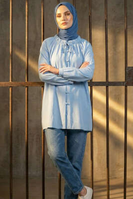 Brit Düğmeli Yaka Bağcıklı Tunik Bebe Mavi - BERAT TEKSTİL