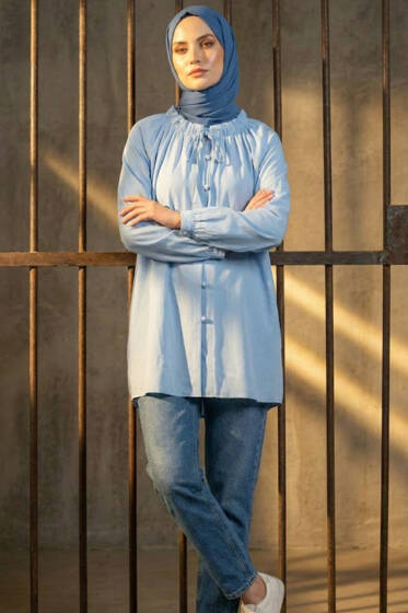 Brit Düğmeli Yaka Bağcıklı Tunik Bebe Mavi - Tunik