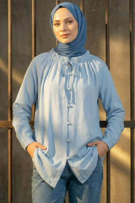 Brit Düğmeli Yaka Bağcıklı Tunik Bebe Mavi - Tunik