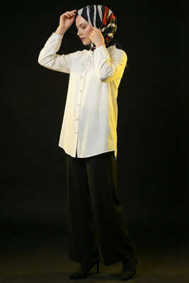 Brit Düğmeli Yaka Bağcıklı Tunik Beyaz - Tunik