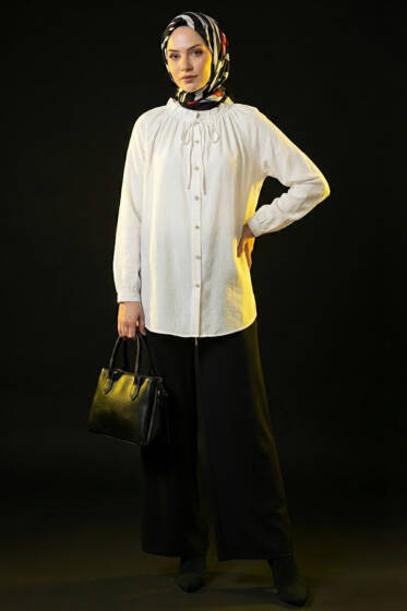 Brit Düğmeli Yaka Bağcıklı Tunik Beyaz - Tunik