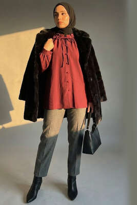 Brit Düğmeli Yaka Bağcıklı Tunik Bordo - BERAT TEKSTİL