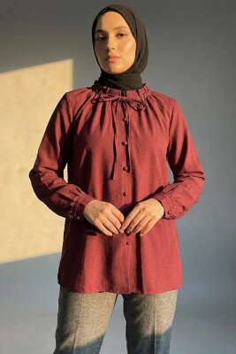 Brit Düğmeli Yaka Bağcıklı Tunik Bordo - Tunik
