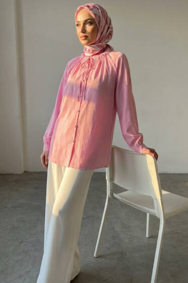 Brit Düğmeli Yaka Bağcıklı Tunik Pembe - 300-500 TL Ürünler