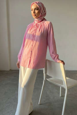 Brit Düğmeli Yaka Bağcıklı Tunik Pembe - BERAT TEKSTİL