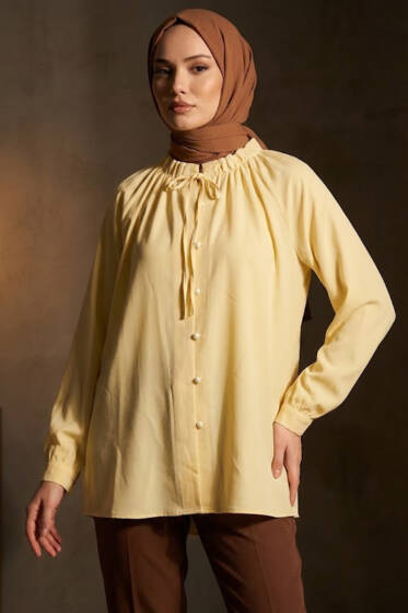 Brit Düğmeli Yaka Bağcıklı Tunik Sarı - 300-500 TL Ürünler
