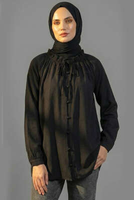Brit Düğmeli Yaka Bağcıklı Tunik Siyah - 300-500 TL Ürünler