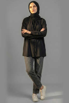 Brit Düğmeli Yaka Bağcıklı Tunik Siyah - BERAT TEKSTİL
