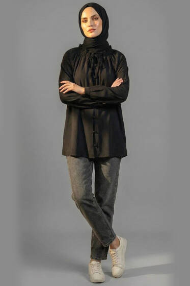 Brit Düğmeli Yaka Bağcıklı Tunik Siyah - Tunik