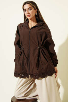 Brode Detaylı Kapüşonlu Trençkot Kahve - Kadın Giyim Modelleri