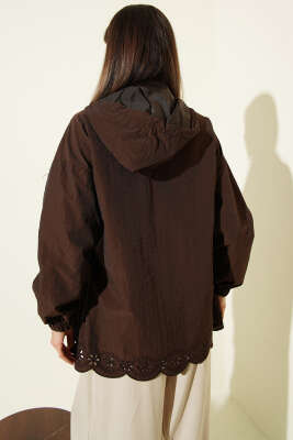 Brode Detaylı Kapüşonlu Trençkot Kahve - Kadın Giyim Modelleri
