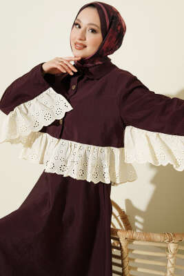 Brode Detaylı Paraşüt Etekli İkili Takım Mürdüm - İkili Takım