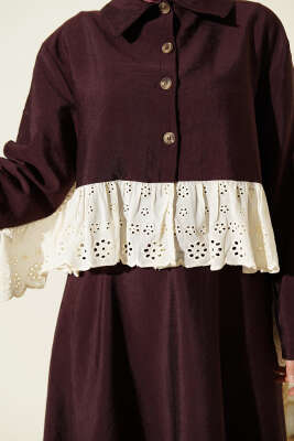 Brode Detaylı Paraşüt Etekli İkili Takım Mürdüm - İkili Takım