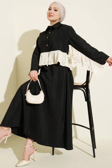 Brode Detaylı Paraşüt Etekli İkili Takım Siyah - İkili Takım