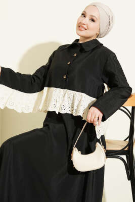 Brode Detaylı Paraşüt Etekli İkili Takım Siyah - İkili Takım