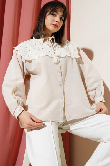 Brode Gül Desenli Taşlı Kısa Gömlek Taş - Gömlek