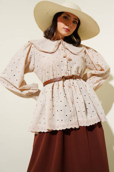 Brodeli Bebe Yaka Gömlek Bej - Gömlek