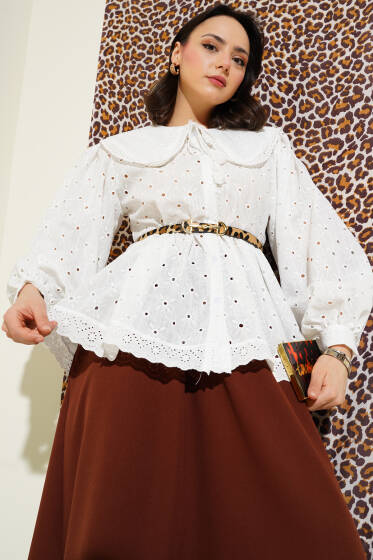 Brodeli Bebe Yaka Gömlek Ekru - Gömlek