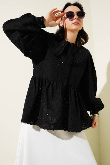 Brodeli Bebe Yaka Gömlek Siyah - Gömlek