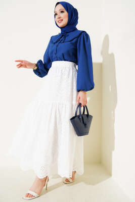 Brodeli İnci Detaylı Etek Beyaz - Uzun Etek