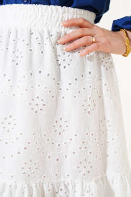 Brodeli İnci Detaylı Etek Beyaz - Uzun Etek