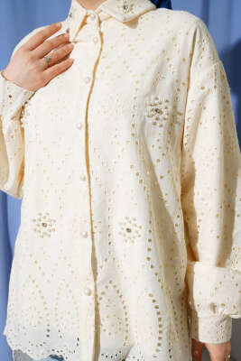 Brodeli İncili Tunik Bej - Tunik