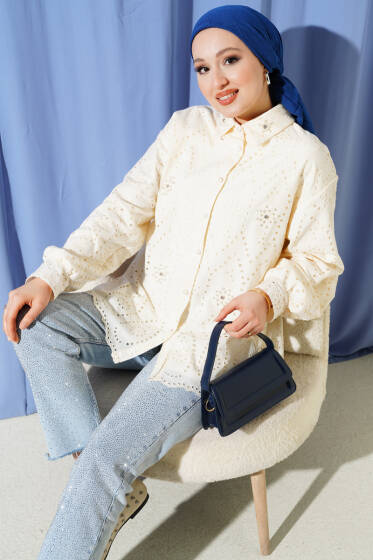 Brodeli İncili Tunik Bej - Tunik