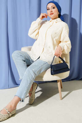 Brodeli İncili Tunik Bej - Tunik