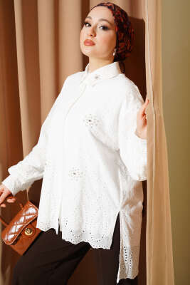 Brodeli İncili Tunik Beyaz - AFRA