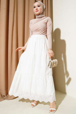 Brodeli Kat Kat Etek Beyaz - Uzun Etek