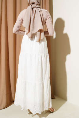 Brodeli Kat Kat Etek Beyaz - Uzun Etek