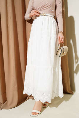 Brodeli Kat Kat Etek Beyaz - Uzun Etek