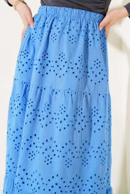 Brodeli Kat Kat Etek Mavi - Uzun Etek