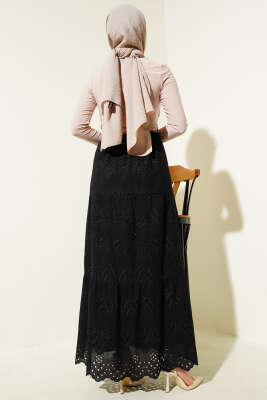 Brodeli Kat Kat Etek Siyah - Uzun Etek