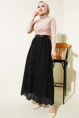 Brodeli Kat Kat Etek Siyah - Uzun Etek