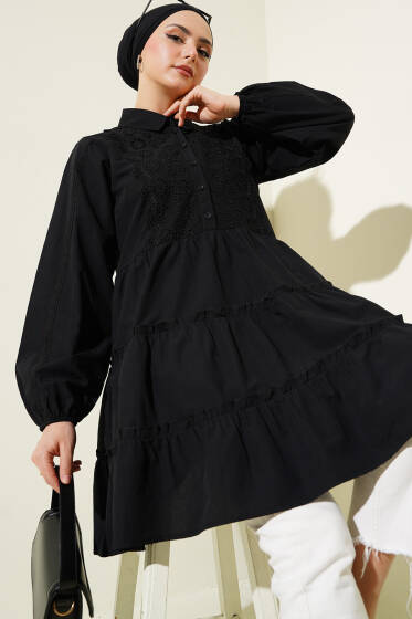 Brodeli Kat Kat Tunik Siyah - Tunik