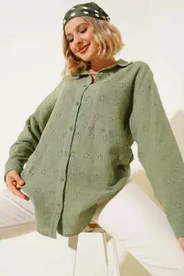 Brodeli Oversize Gömlek Çağla Yeşili 