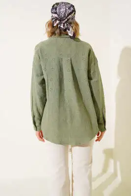 Brodeli Oversize Gömlek Çağla Yeşili - Kadın Giyim Modelleri