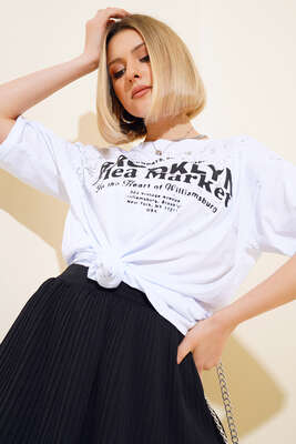  Broklyn Baskılı T-shirt Beyaz - ADYES