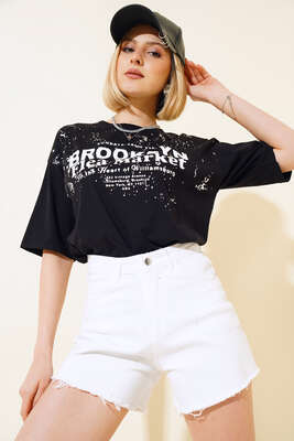  Broklyn Baskılı T-shirt Siyah - Kadın Giyim Modelleri