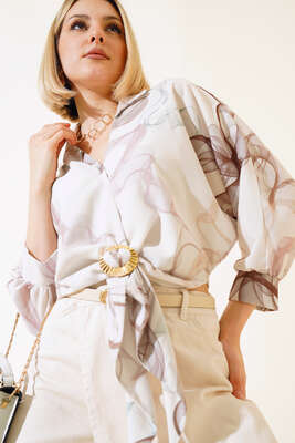 Bronşlu Önden Bağlamalı Bluz Kahve 