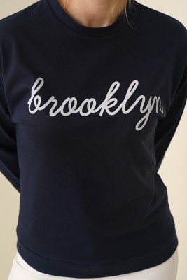 Brooklyn Baskılı Kadın Lacivert Sweatshirt - Thumbnail
