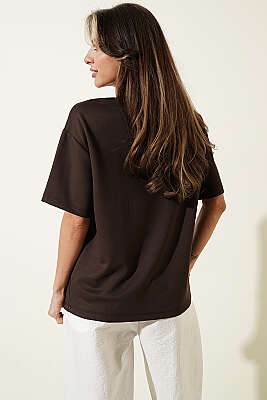 Brooklyn Baskılı Loyşa T-shirt Kahve - Kadın Giyim Modelleri