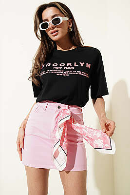 Brooklyn Baskılı Loyşa T-shirt Siyah - Kadın Giyim Modelleri